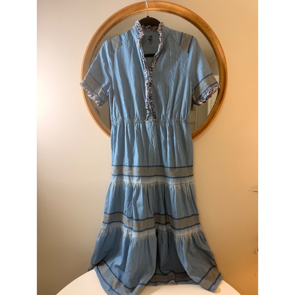 Lapis Midi Dress Womens PL Blue Excellent Embroidered Tiered‎ Boho Denim Look